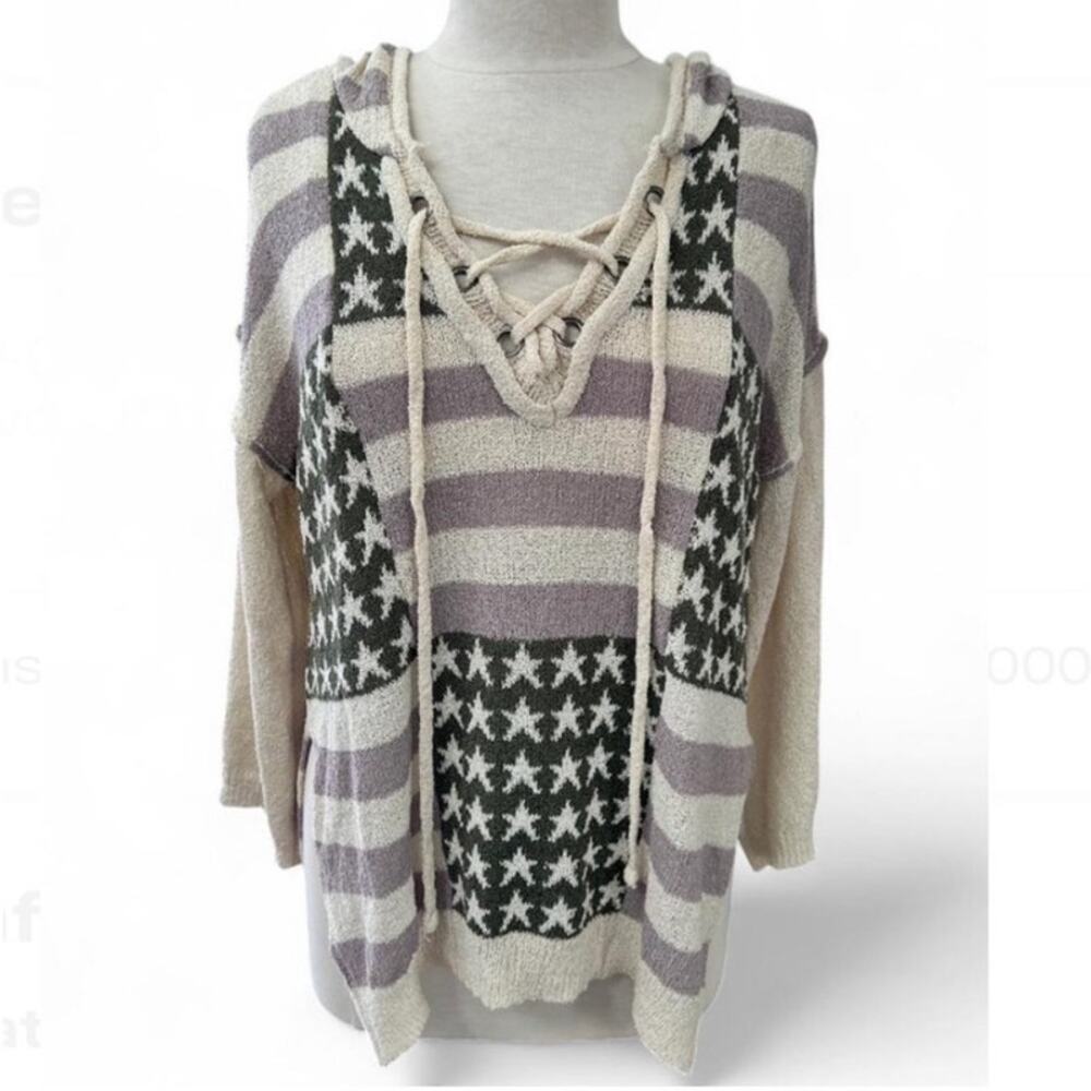 POL Stars & Stripes Lace Up Hooded Knit Sweater Americana Small NWT